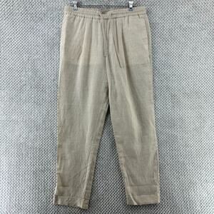 ZARA Pants Women M Khaki Beige Linen Straight Leg High Rise PullOn Elastic Waist